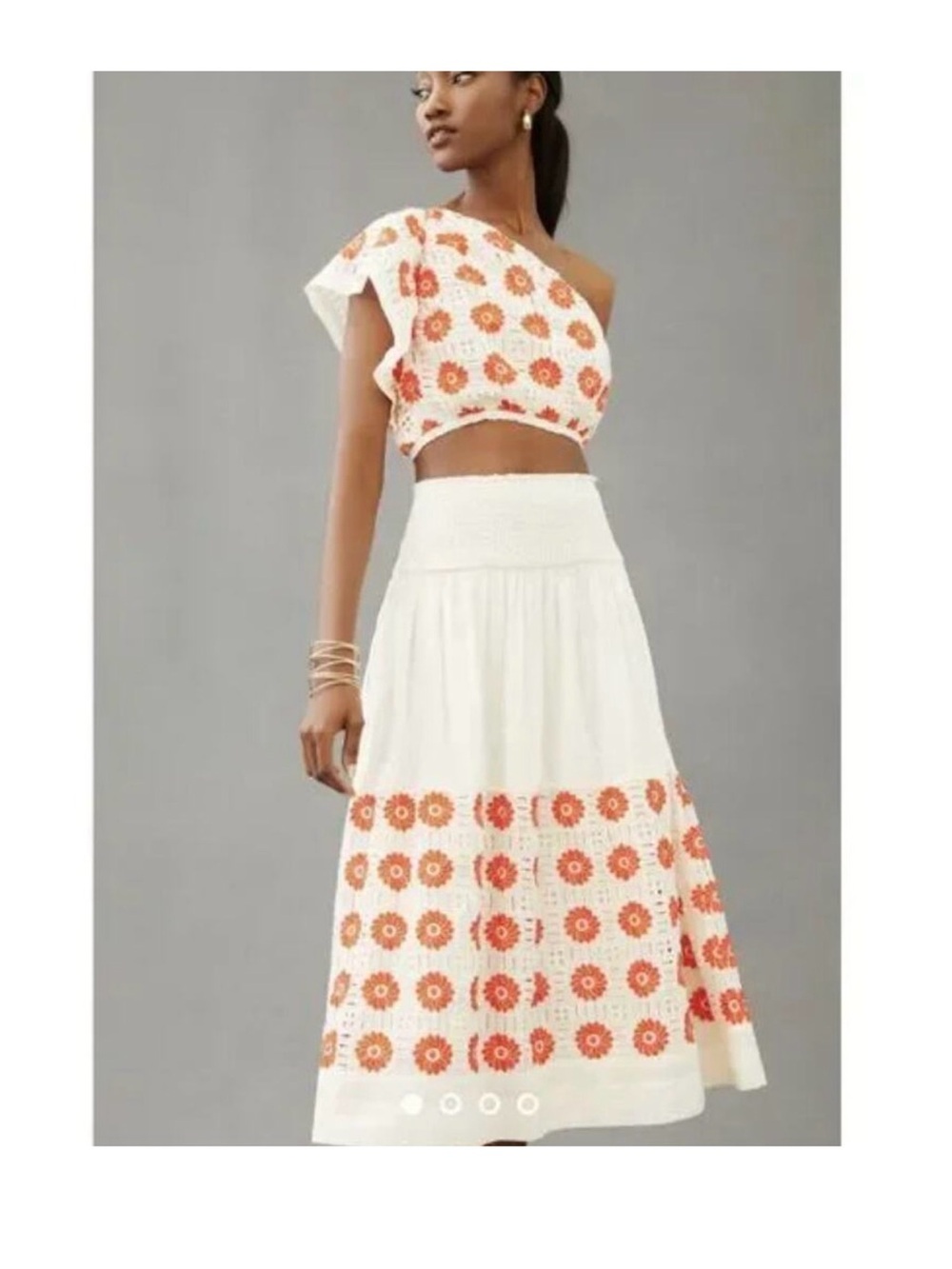 Anthropologie Skirt Set Boho Eyelet Orange Cream Floral Midi Skirt Crop Top MED